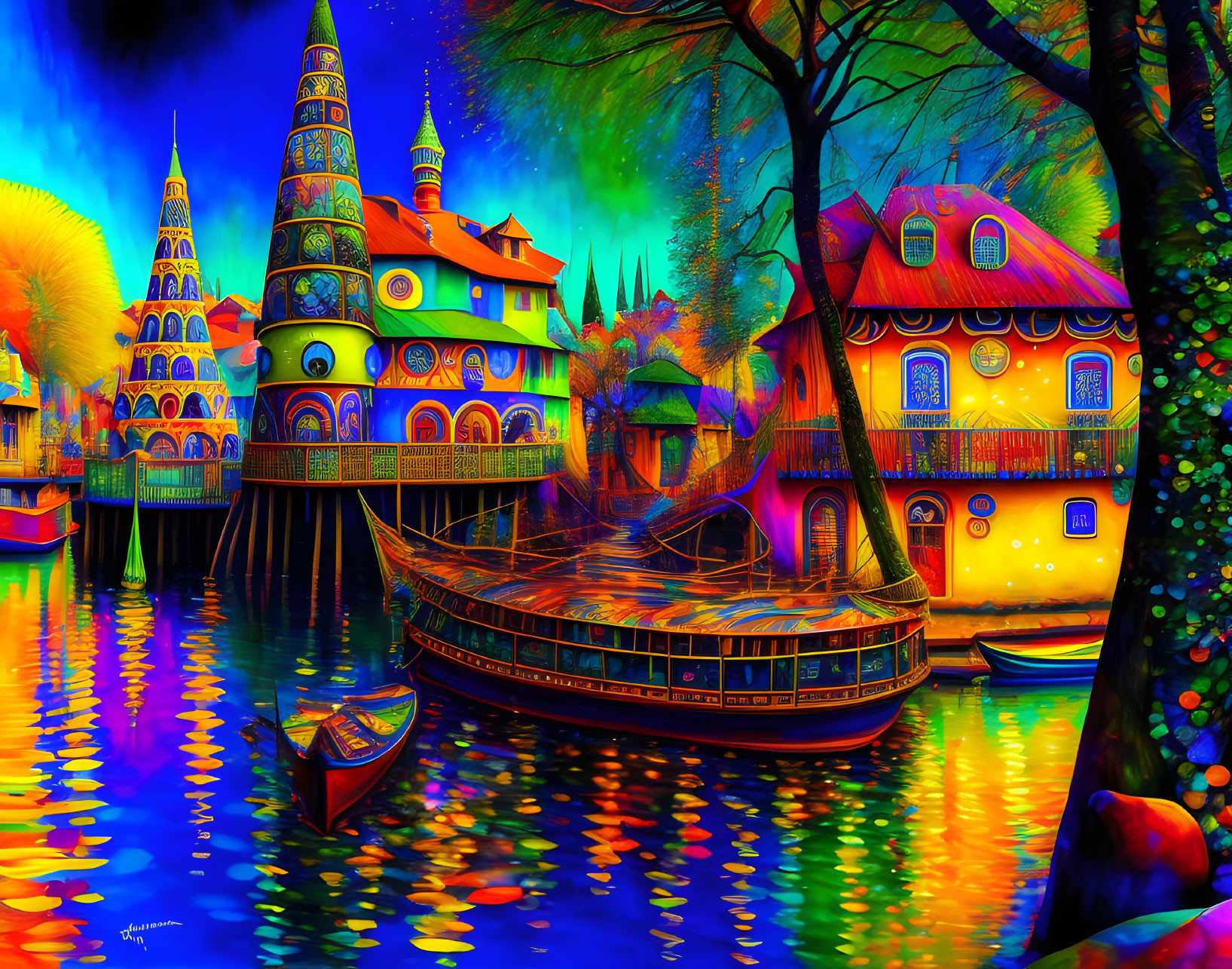 Fantasy artwork: Whimsical buildings by river under starry sky