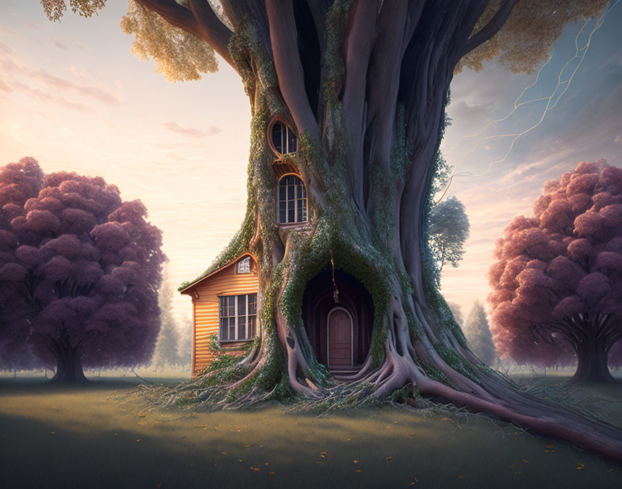 Whimsical treehouse nestled in a purple forest at twilight