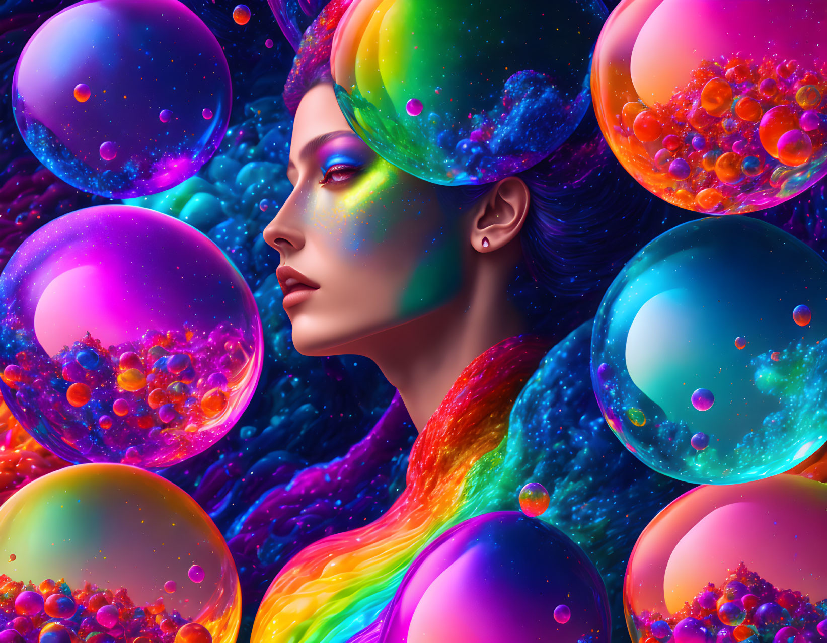 Vibrant digital art: Woman with galaxy makeup in cosmic setting