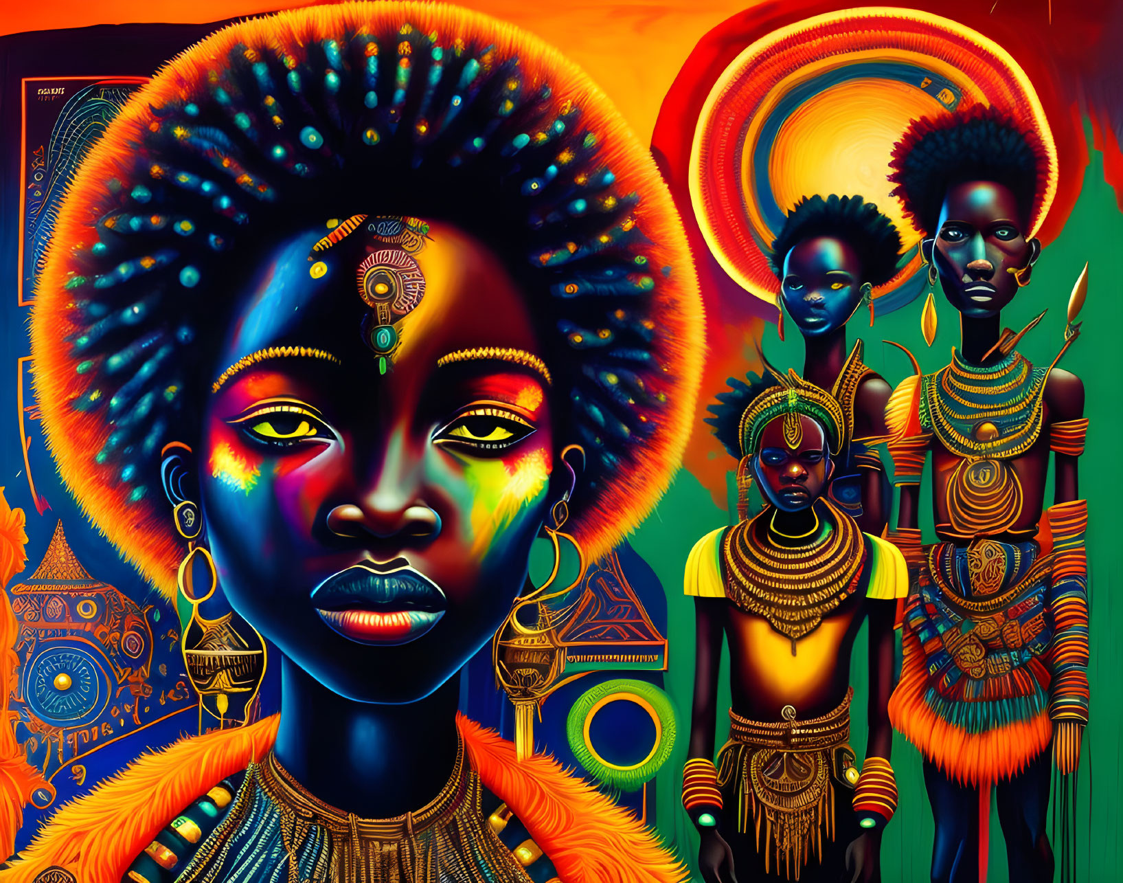 Colorful African-inspired artwork with five stylized figures and geometric patterns