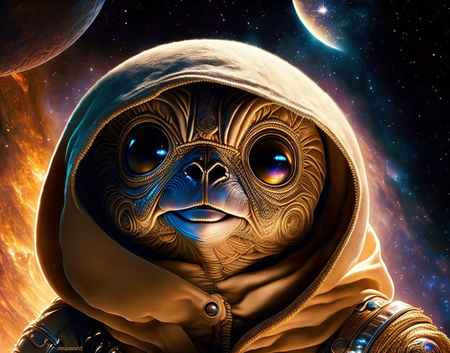 Detailed Alien Illustration with Large Eyes in Cosmic Setting