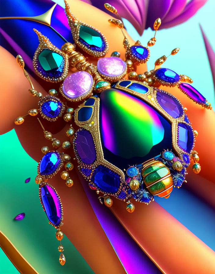 Colorful digital artwork of ornate jeweled mask on abstract background