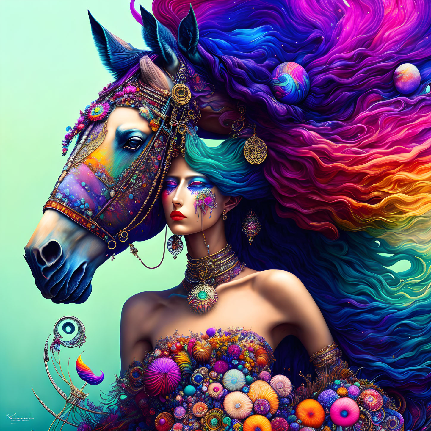 Colorful digital artwork: Woman with makeup and jewelry next to rainbow-maned horse