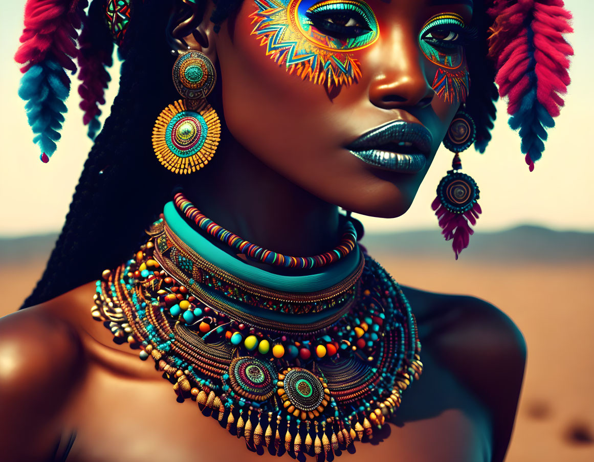 Woman with vibrant tribal face paint and jewelry in desert pose