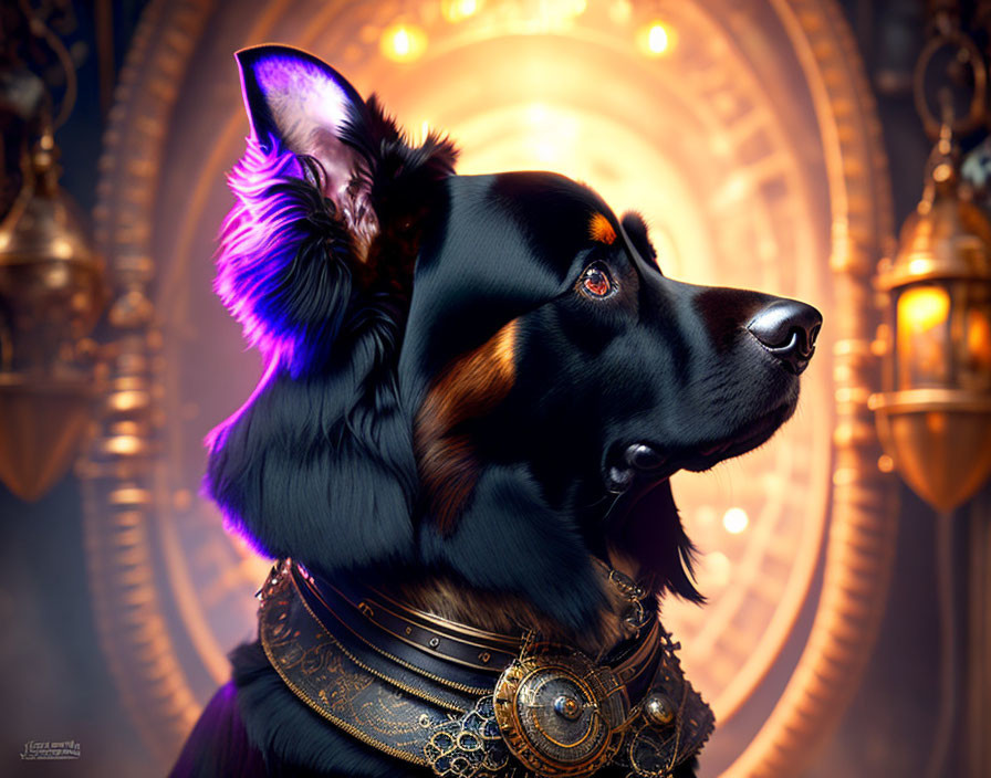 Majestic black dog with steampunk collar on cogwheel backdrop