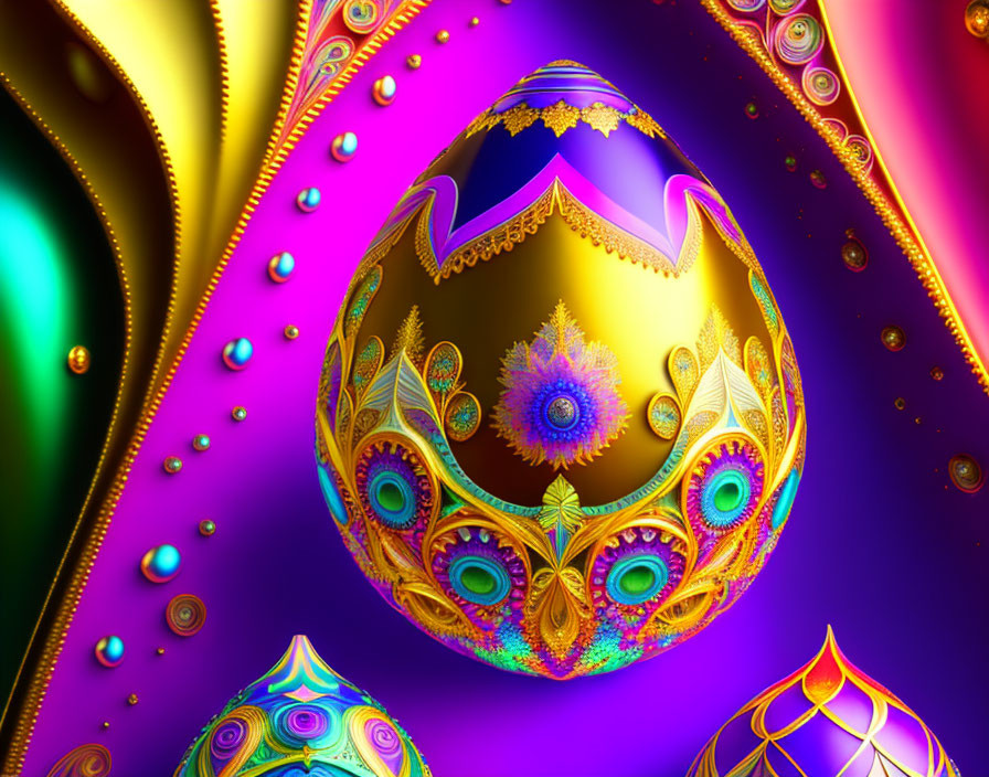 Colorful digital art: Decorative egg with peacock feather designs