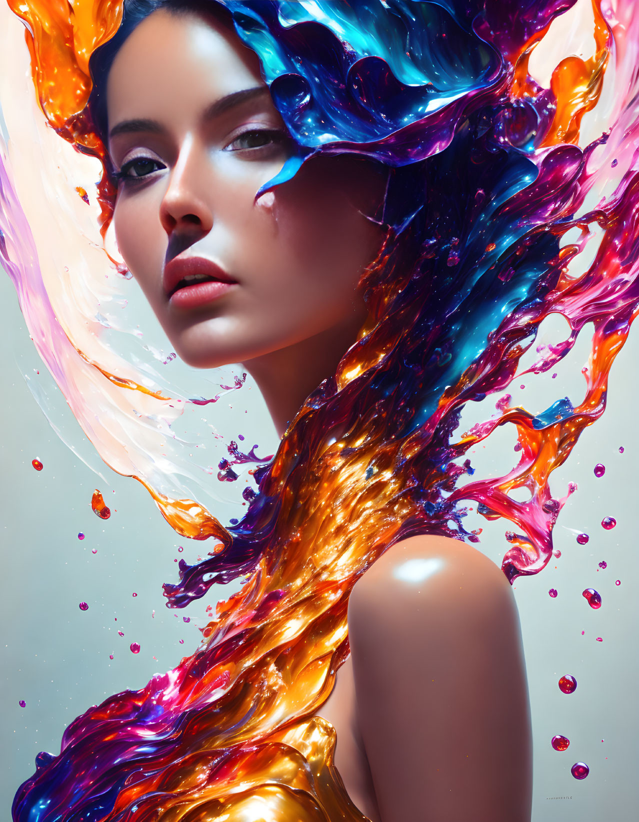 Woman with serene expression surrounded by vibrant colorful liquid splash