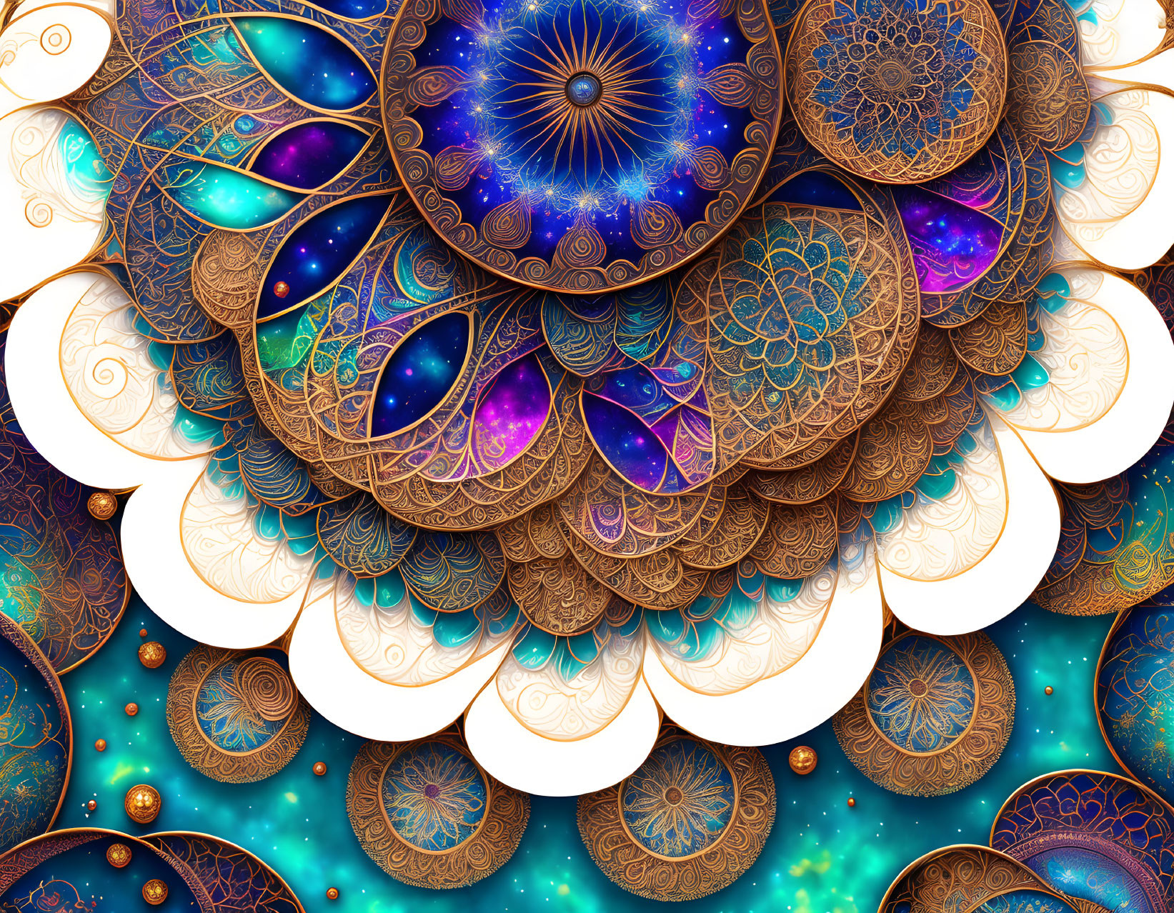 Intricate Mandala Patterns with Gold Accents on Cosmic Blue Background