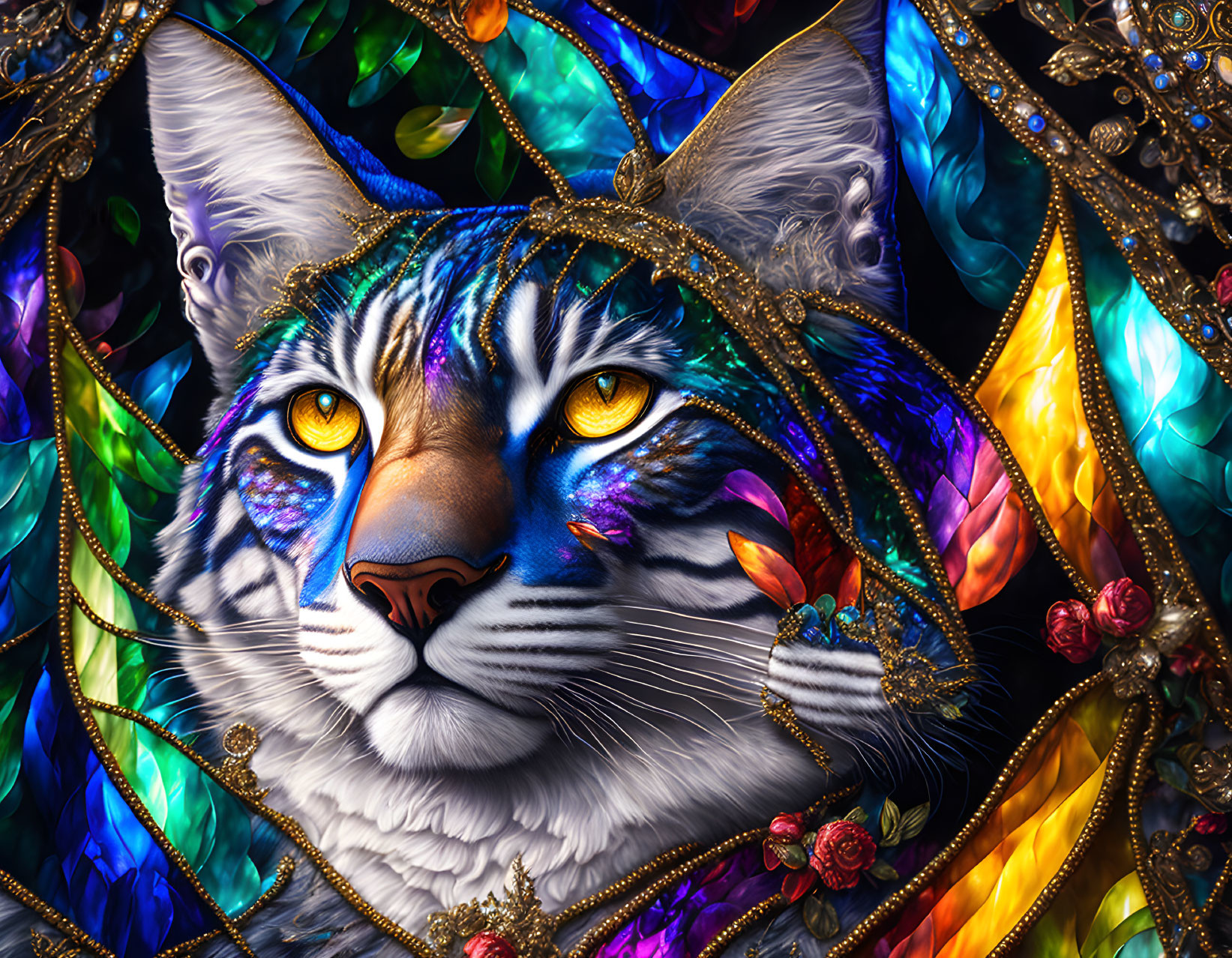 Colorful Artistic Depiction: Cat with Feathered Mane and Golden Ornaments