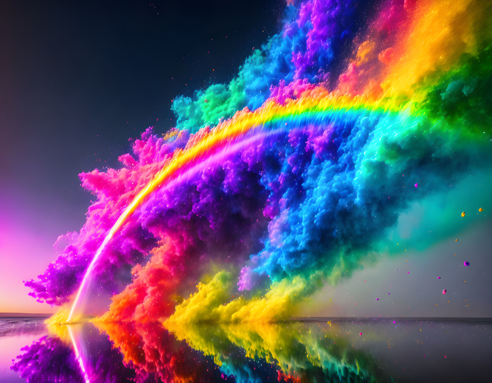 Colorful rainbow in sky over reflective water surface