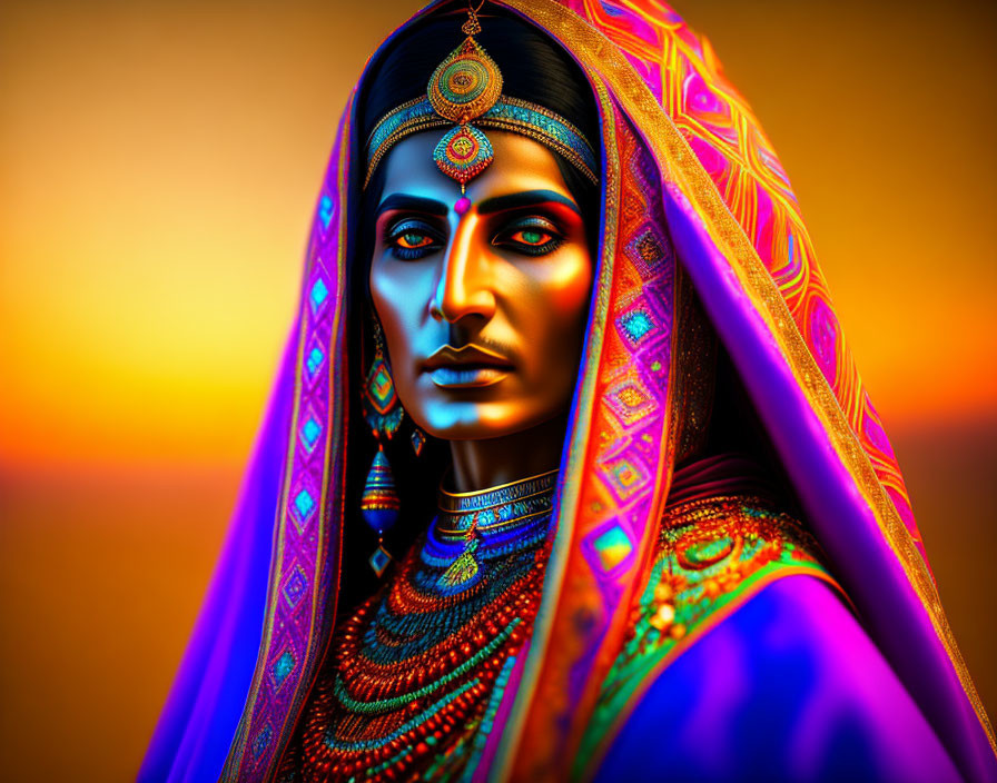 Illustration of woman in South Asian attire on golden background