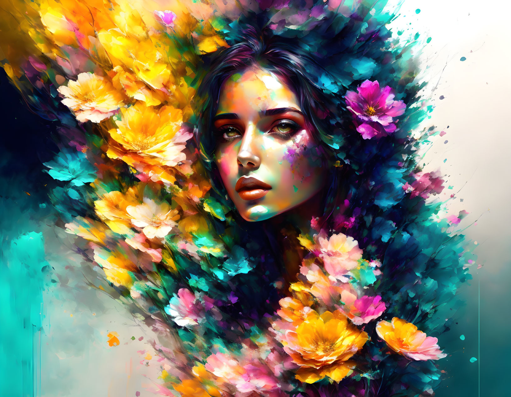 Colorful artwork: Woman's face with pink, yellow, and blue flowers