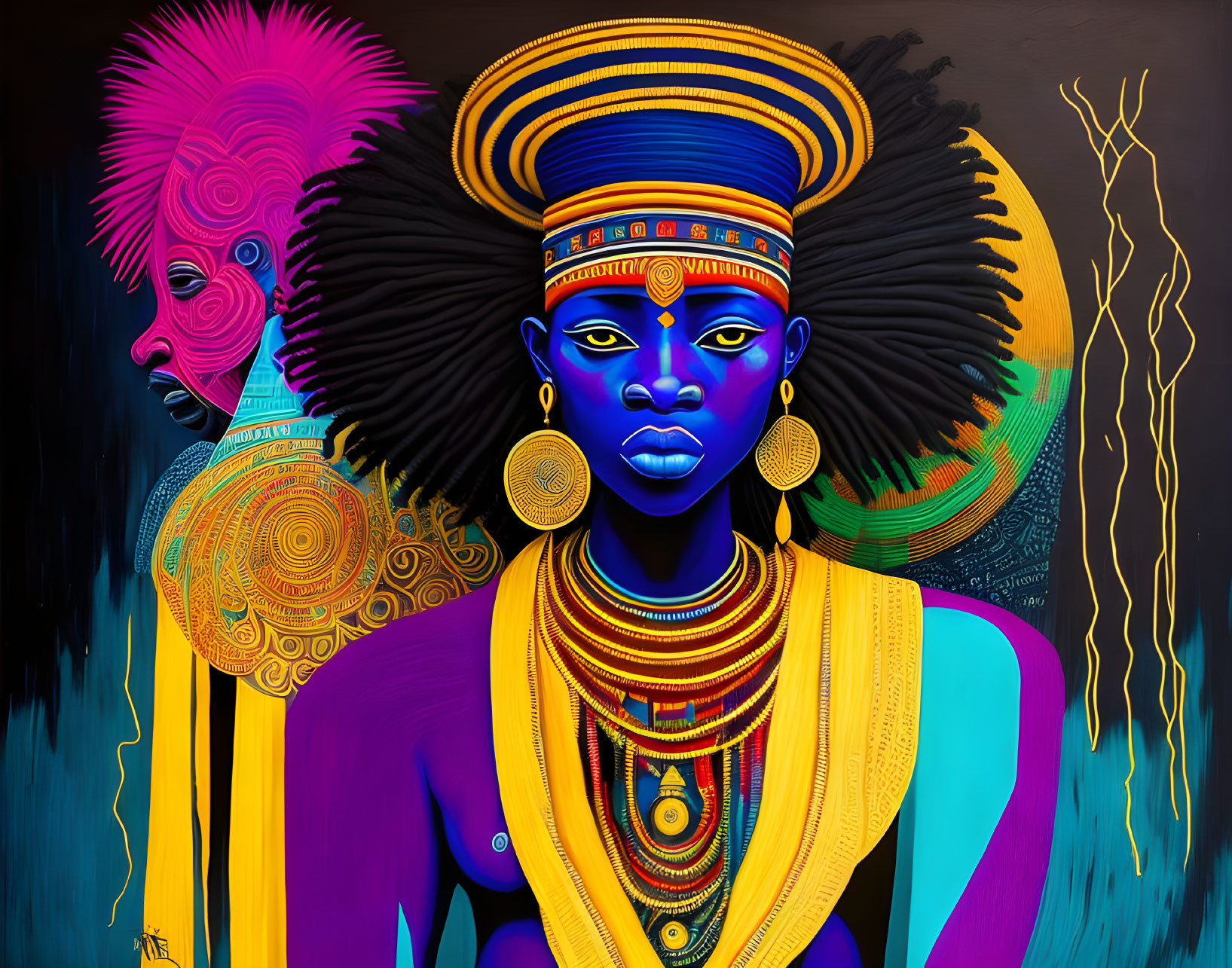 Colorful African woman painting with blue skin and traditional attire