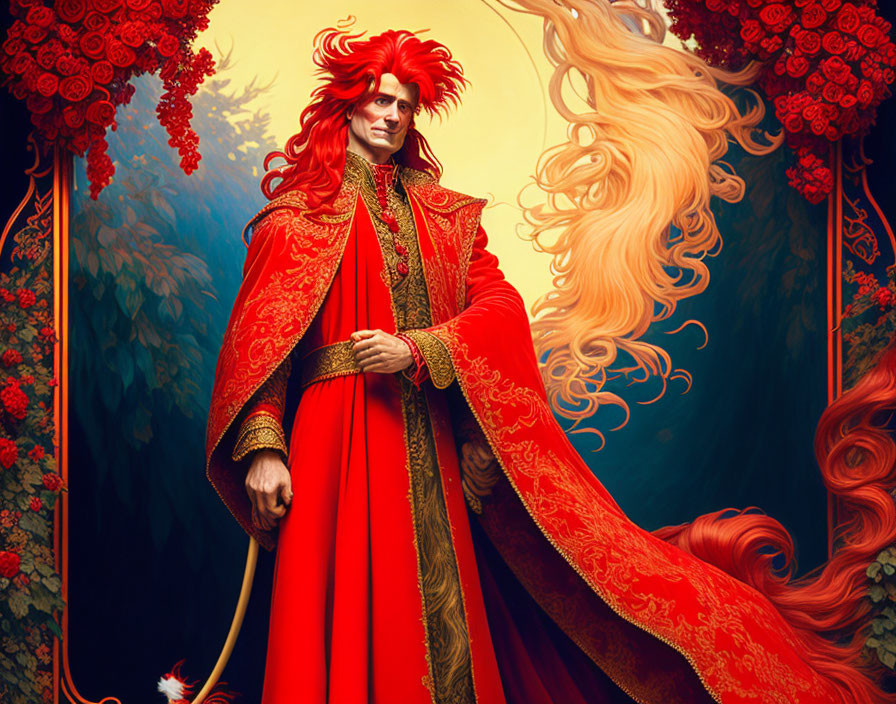 Regal figure with red hair in ornate clothing against floral backdrop