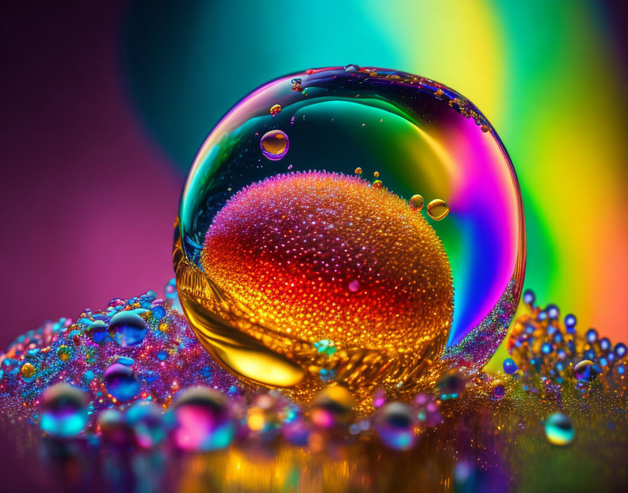 Macro Photo of Water Droplets on Reflective Surface with Glass Orb