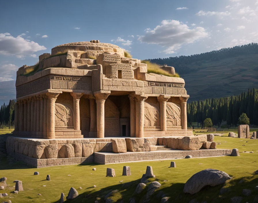 Ancient ornate stone structure with intricate carvings in grassy plains