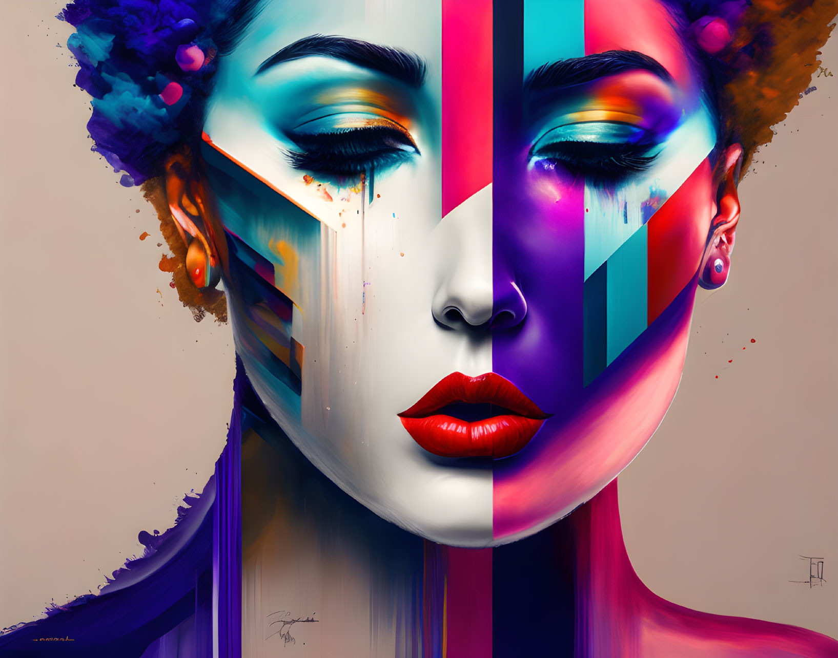 Vibrant split design digital art of woman's face with abstract elements