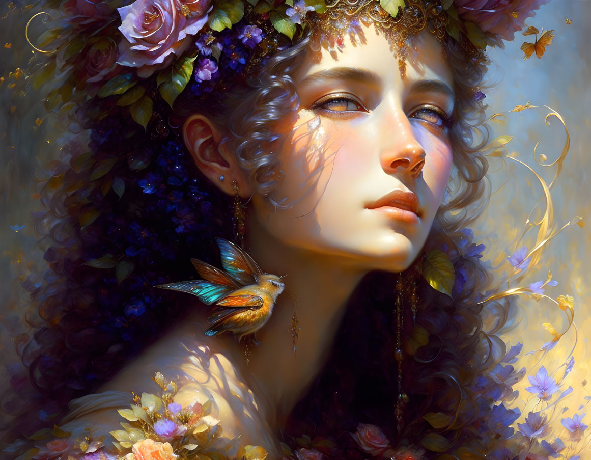 Ethereal woman with flower crown and hummingbird in warm light.