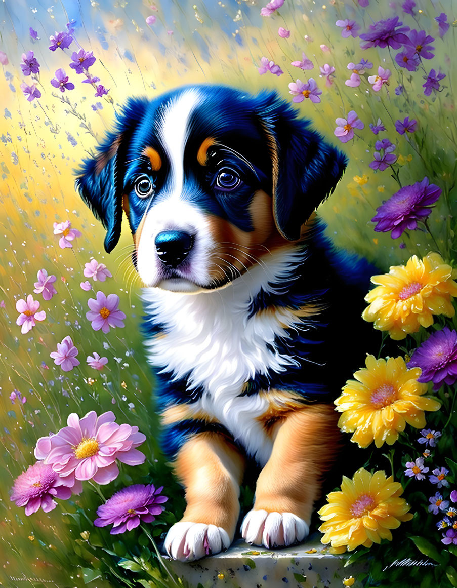 Bernese Mountain Dog Puppy Painting with Yellow and Purple Flowers