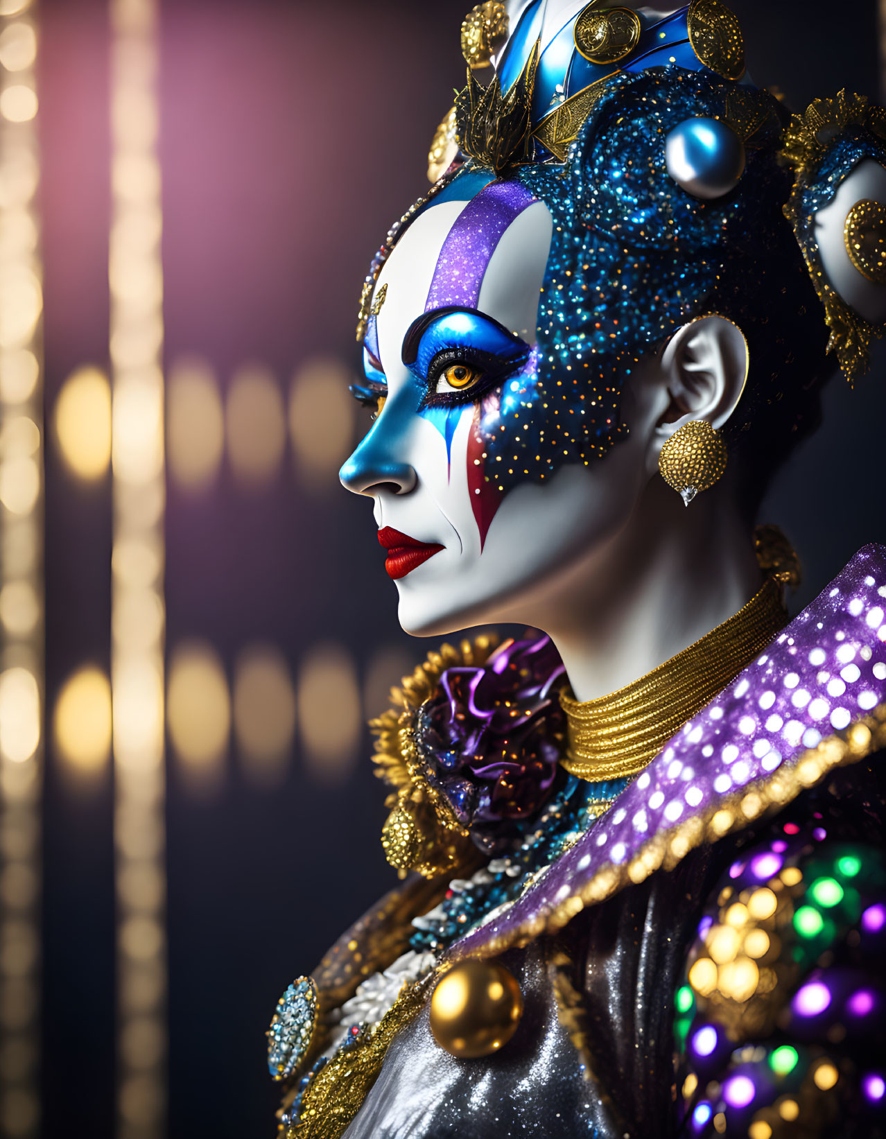 Dramatic artistic makeup and ornate headpiece on futuristic queen against bokeh background