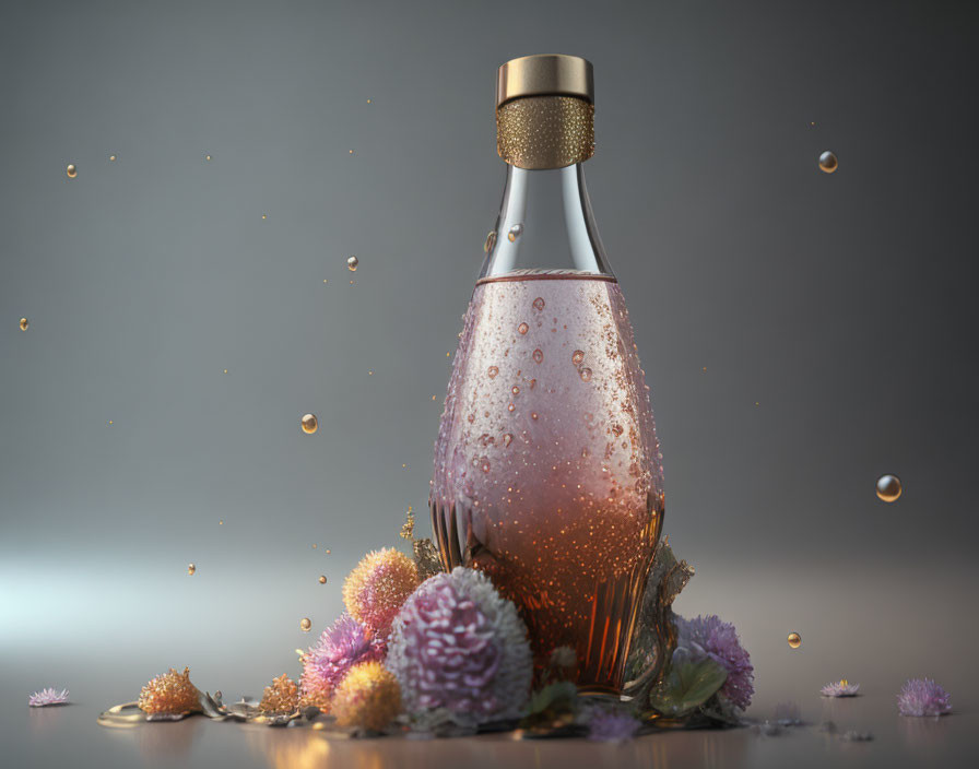 Golden-capped liquid bottle with flowers and golden drops on gray background