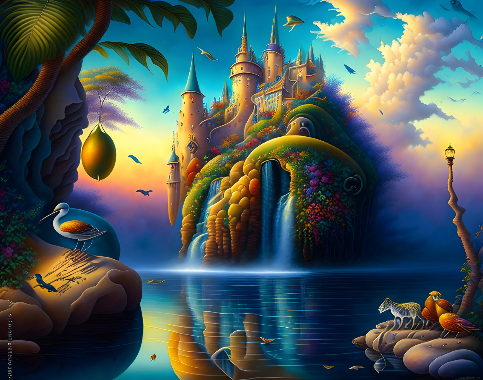 Enchanted castle in vibrant fantasy landscape