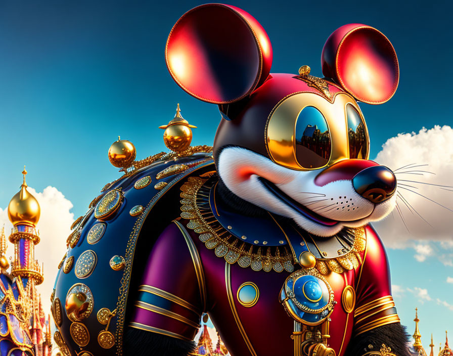 Stylized 3D-rendered Mickey Mouse in regal attire with fantasy castle.