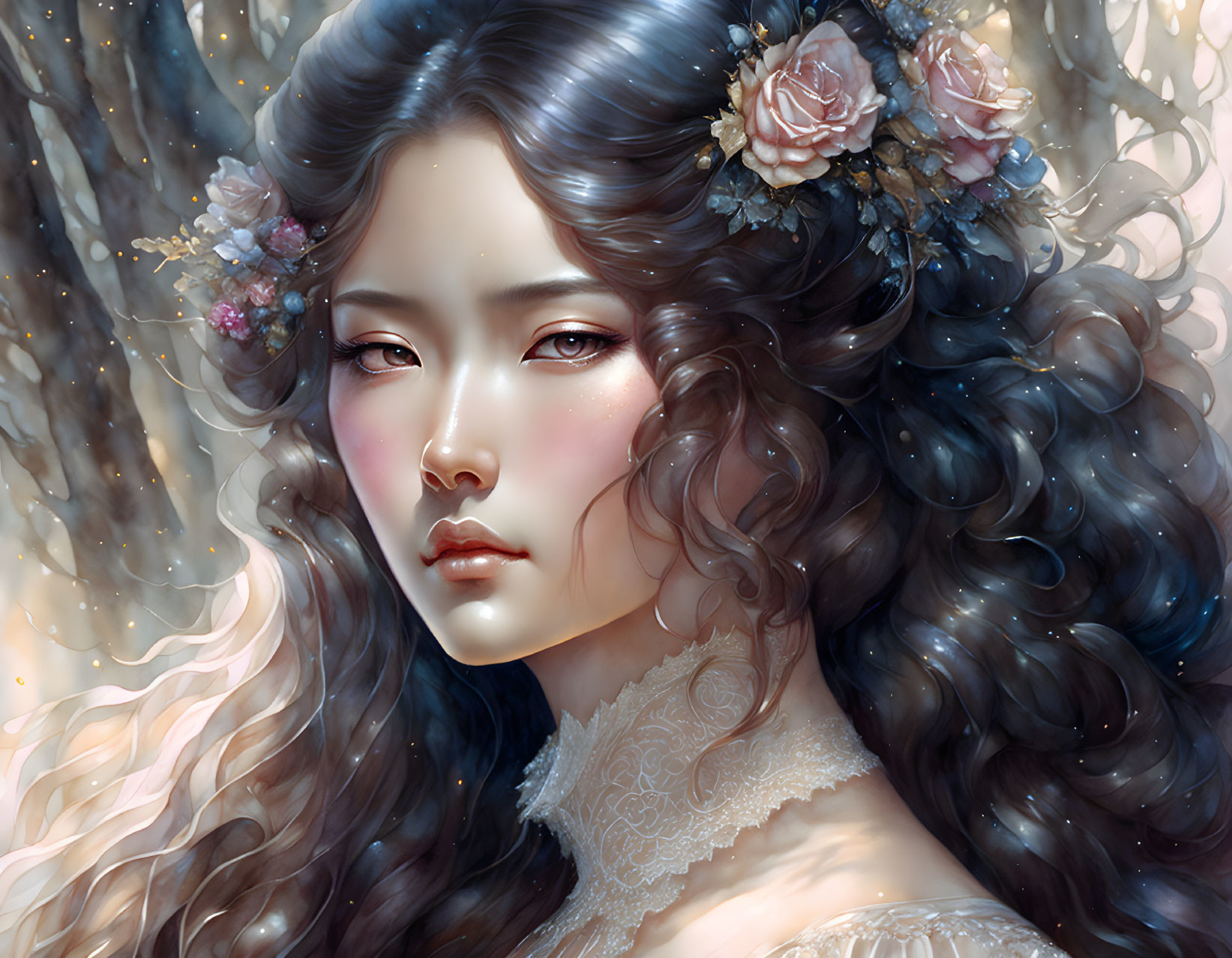 Detailed digital portrait of a woman with curly hair and floral accents