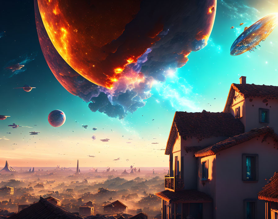 Mediterranean-style house with surreal sky filled with giant planets and spaceships at sunset