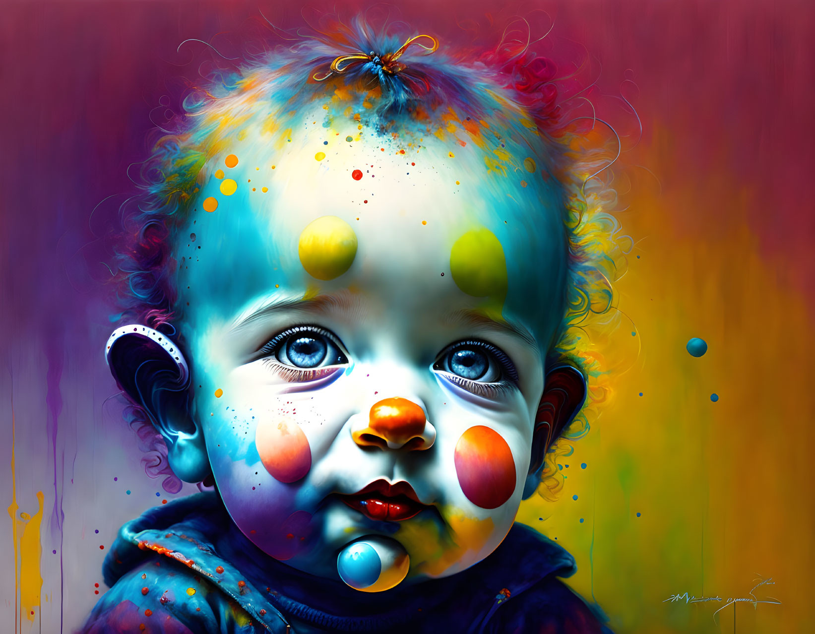 Colorful digital artwork of baby with blue eyes and splashes on skin against multicolored backdrop