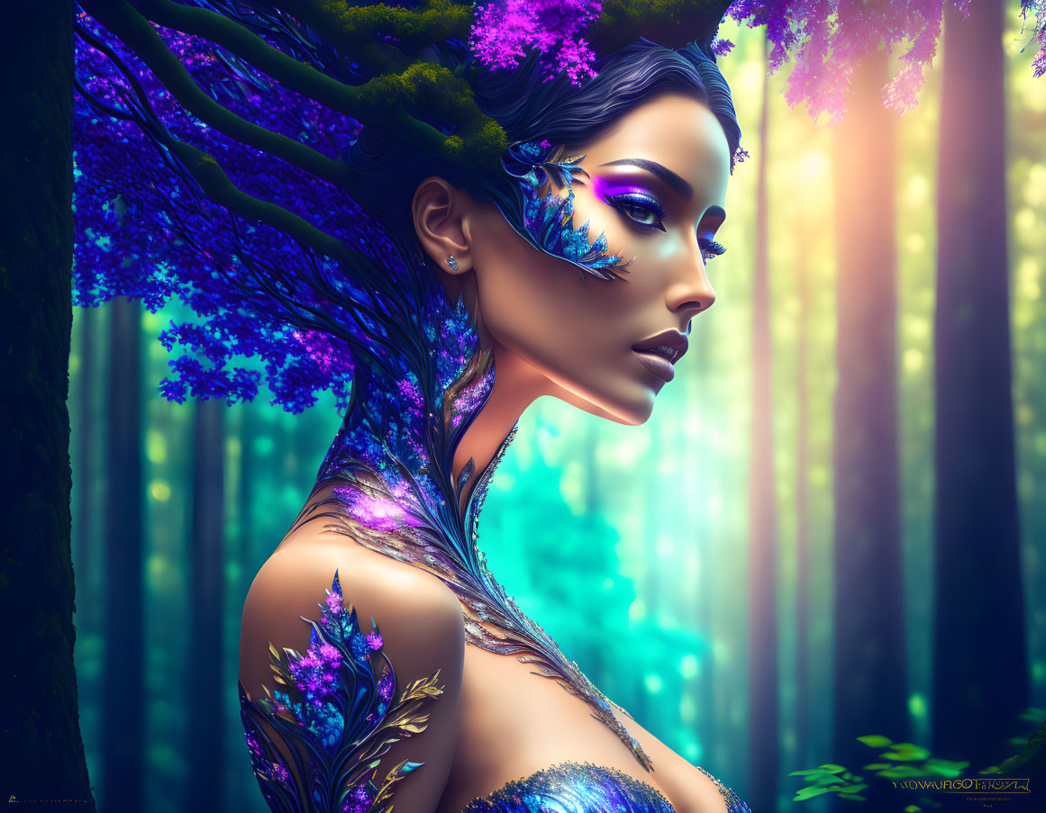 Woman in Nature-Inspired Digital Art with Blue and Purple Tones