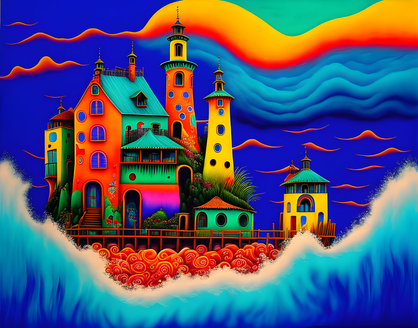 Whimsical castle against vibrant ocean and surreal sky