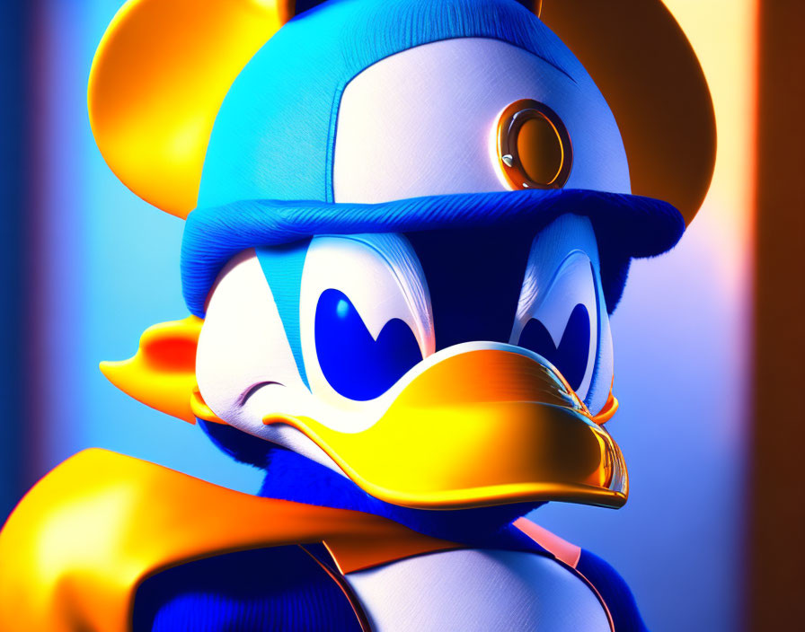 Blue Duck Character in Cap Against Vibrant Backdrop