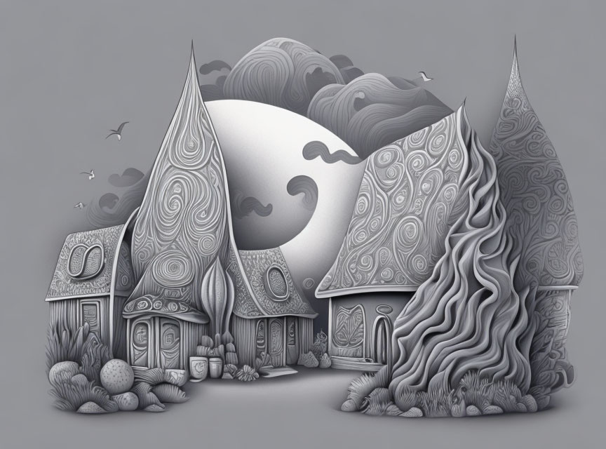 Monochrome fantasy landscape with whimsical houses and crescent moon.