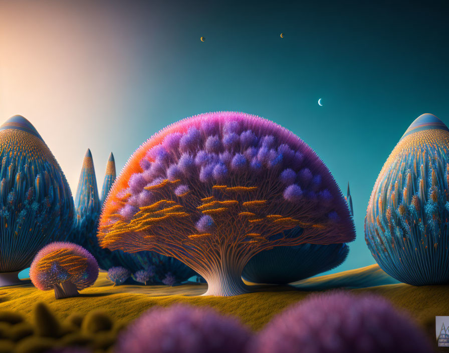 Vibrant oversized mushroom-like structures in twilight sky with visible crescents