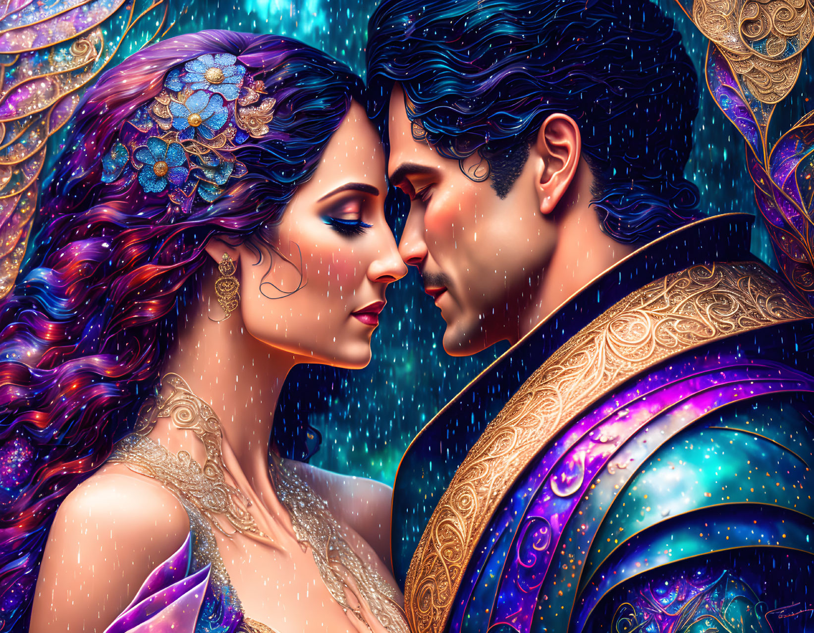 Illustrated couple in ornate attire embracing against cosmic backdrop