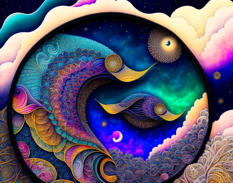 Colorful Psychedelic Artwork: Starry Night Sky, Abstract Waves, Moon with Human Eye