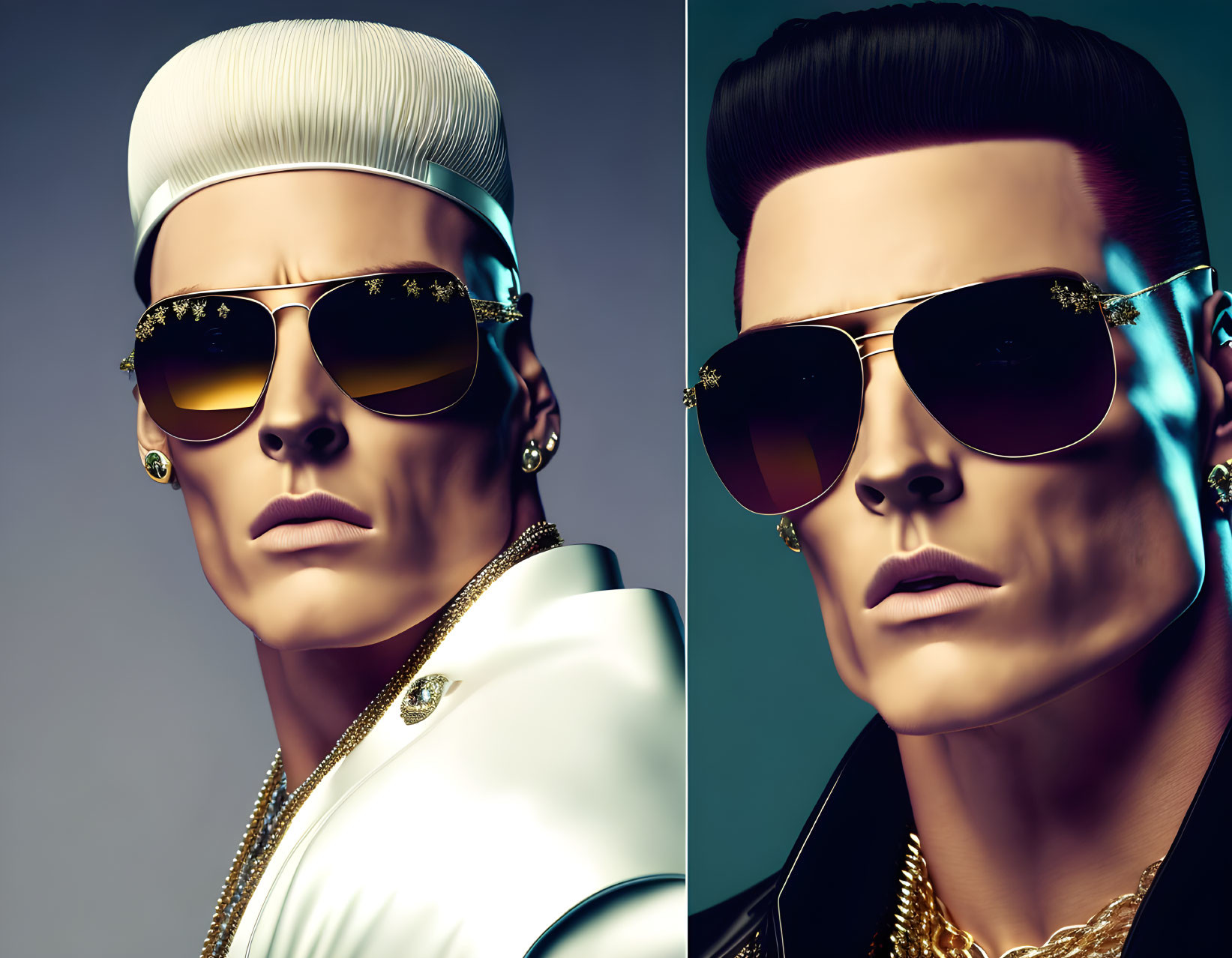 Stylized digital portraits of a man with slicked-back hair and sunglasses in white and black outfits