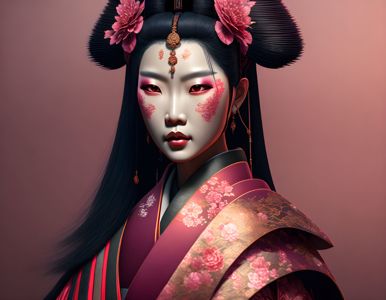 Woman with Geisha-Inspired Makeup and Floral Kimono Illustration