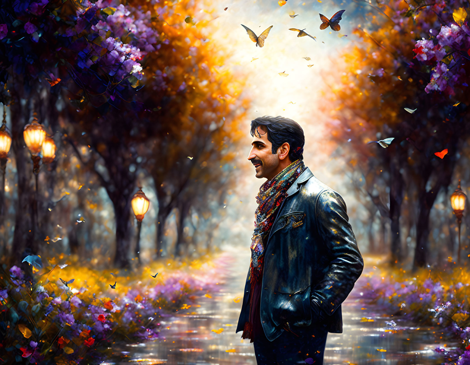 Man in leather jacket on vibrant path with butterflies and colorful trees