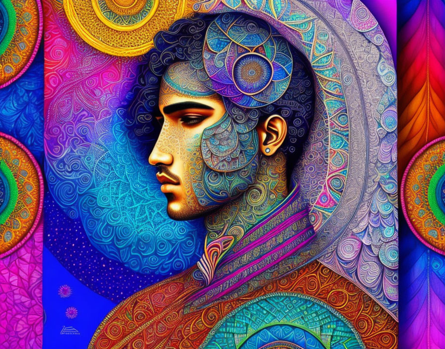 Colorful digital artwork: Profile view with intricate blue, purple, and gold patterns