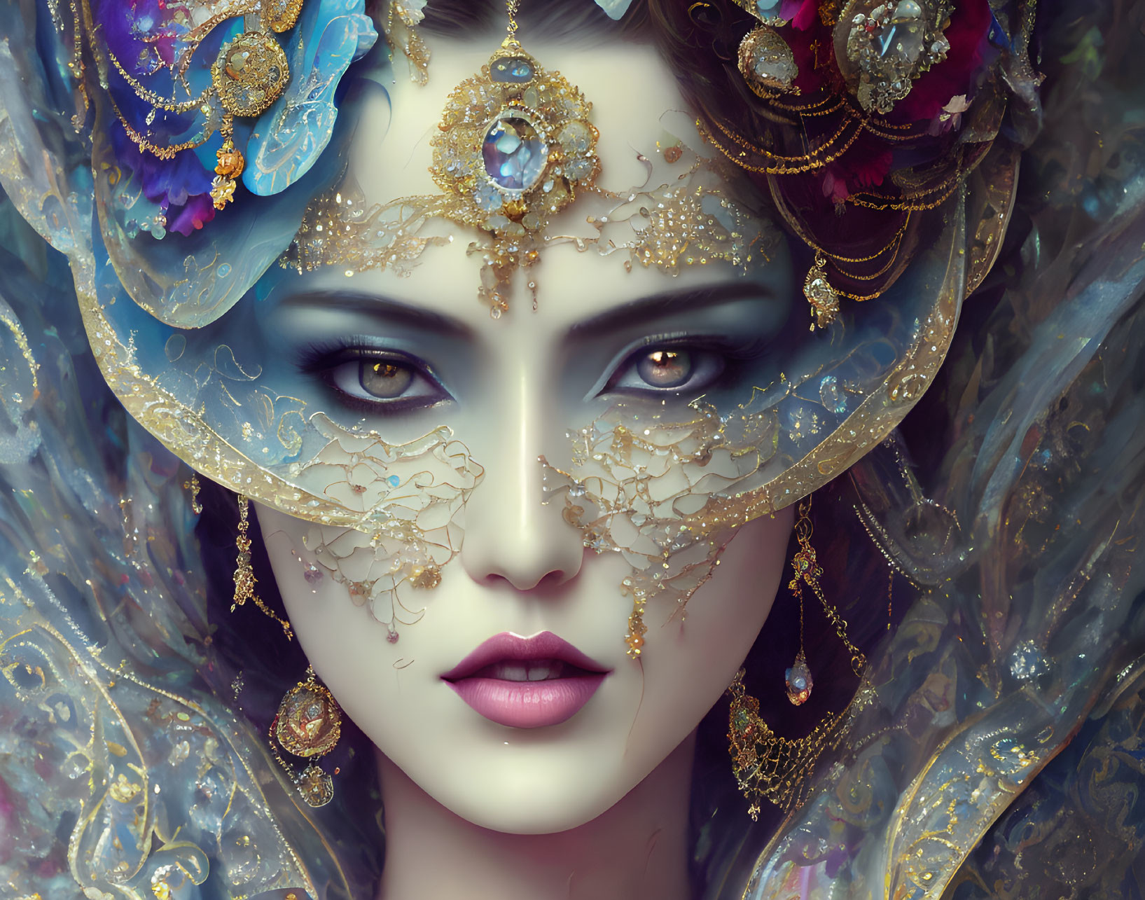 Detailed digital art portrait of a woman with headpieces, golden mask, and vibrant background