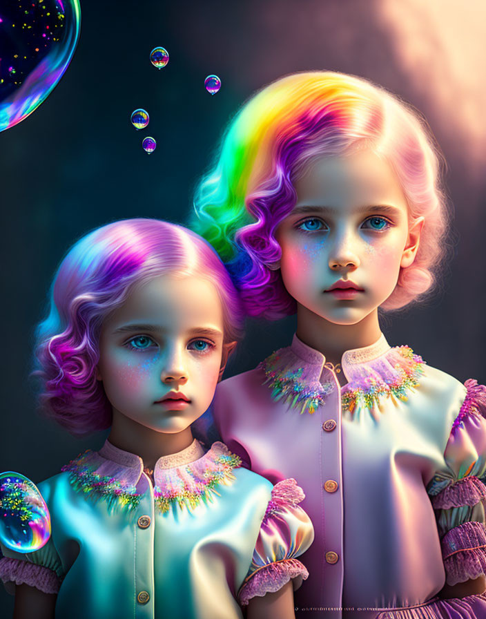 Stylized digital art: Portraits of young girls with pastel rainbow hair, ethereal lighting