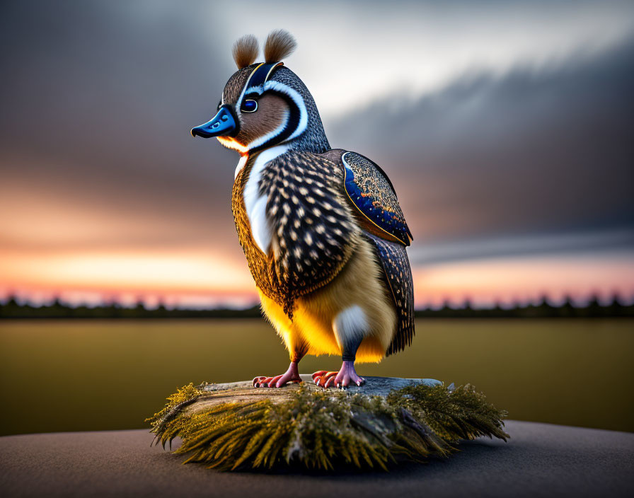 Colorful Mandarin Duck Perched on Rock at Sunset with Dramatic Clouds