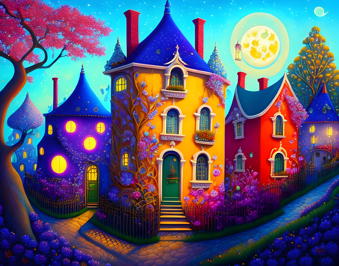 Colorful Whimsical Houses in Moonlit Night Garden