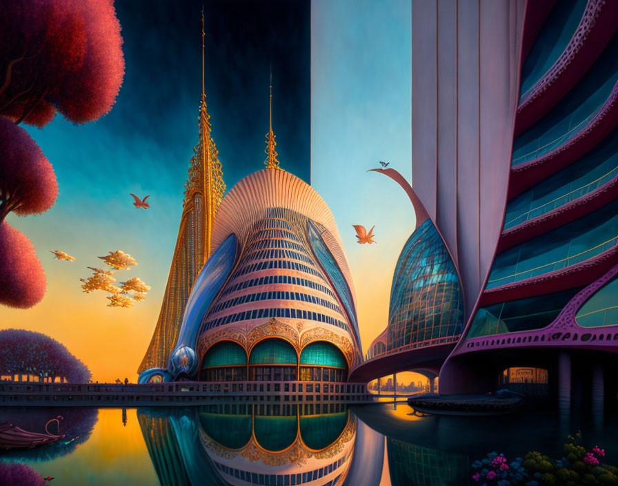 Futuristic cityscape with curved buildings, spires, and twilight sky.