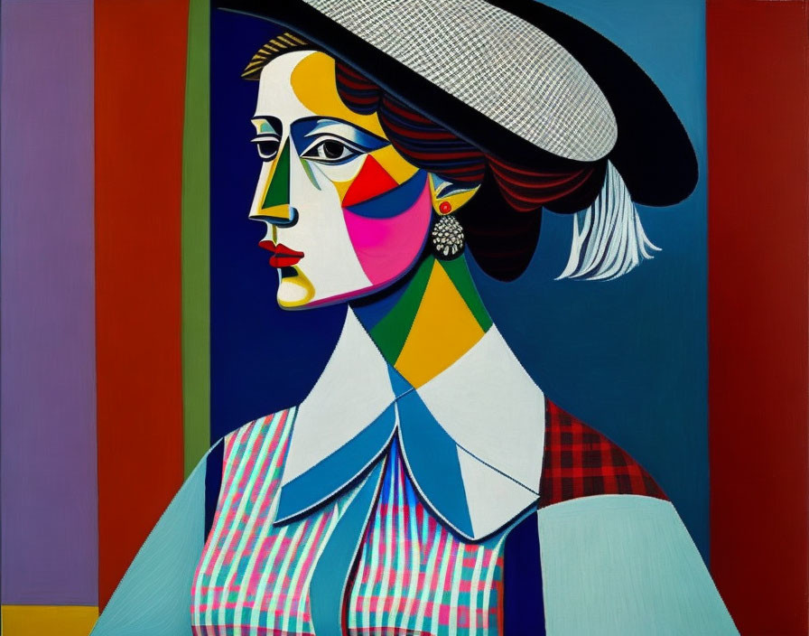 Colorful Cubist Portrait of Woman with Hat, Earring & Collared Outfit