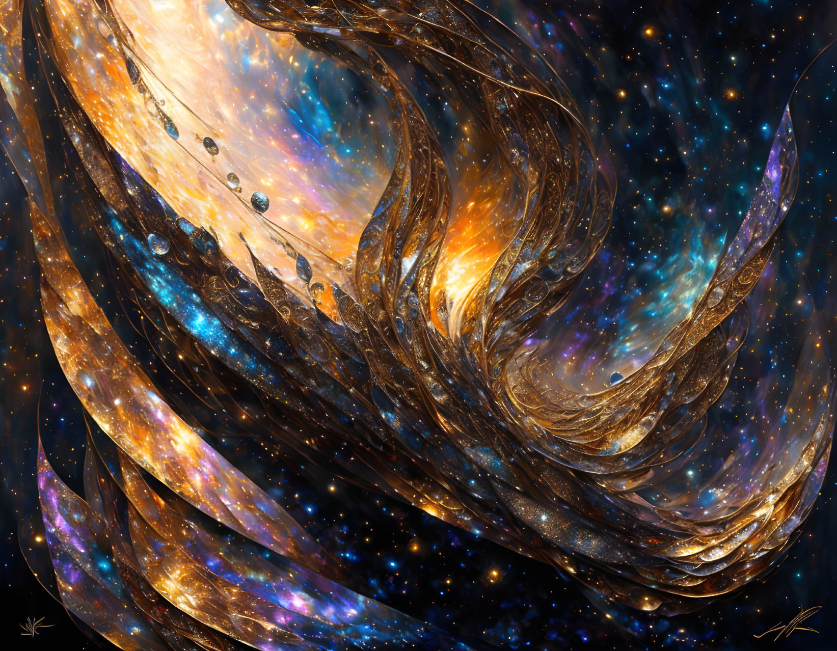 Cosmic swirl digital artwork with golden hues and blue nebulae