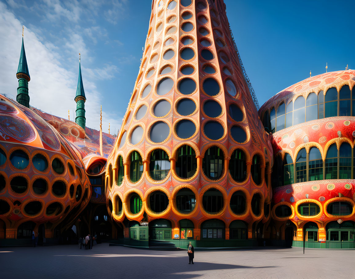 Futuristic orange building with honeycomb facade under clear blue sky