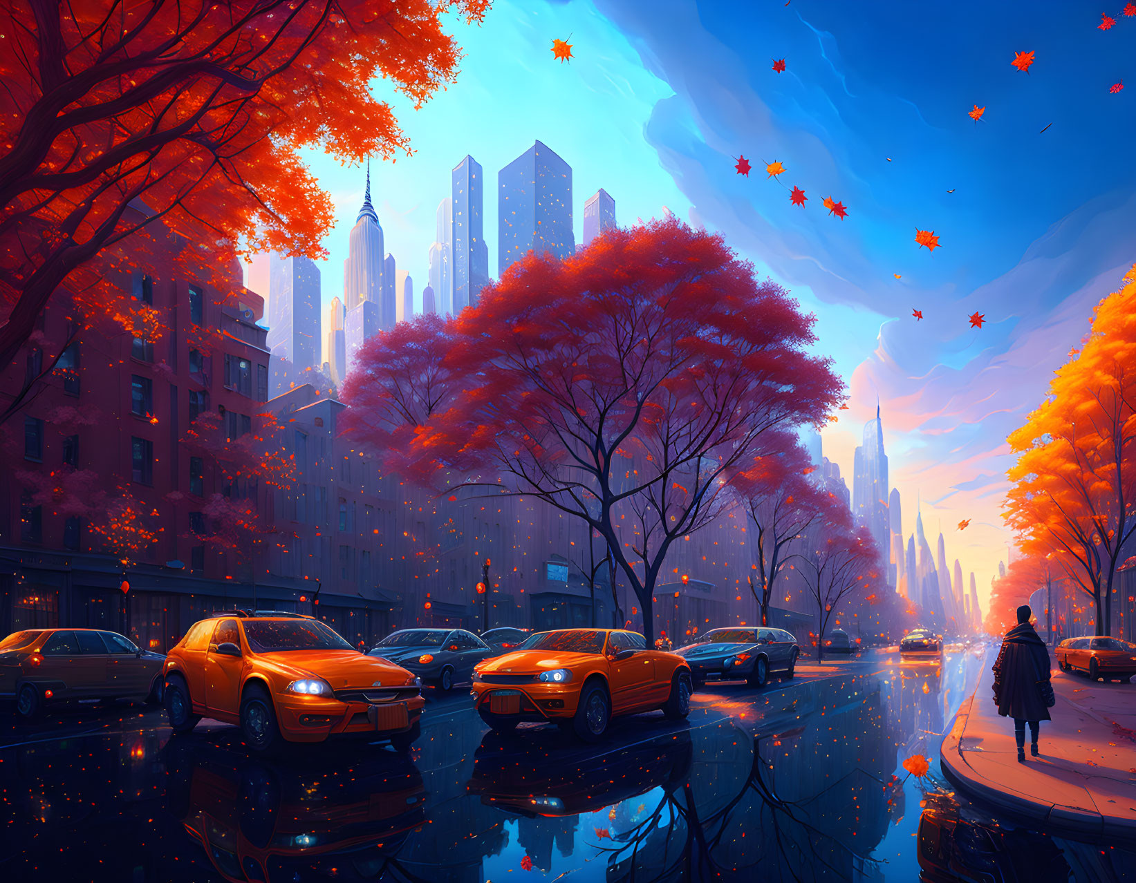 Cityscape with autumn trees, walking person, reflecting cars, skyscrapers at twilight